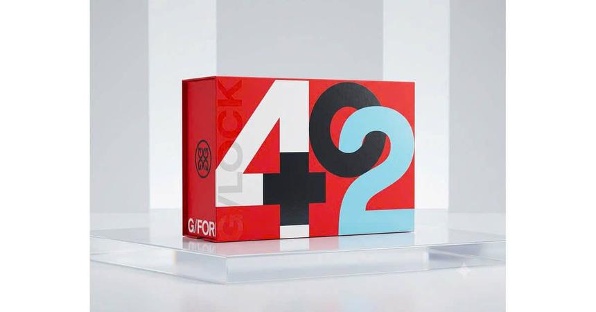 Hộp đựng giày thể thao đỏ in số 4+2 theo nhận diện thương hiệu
