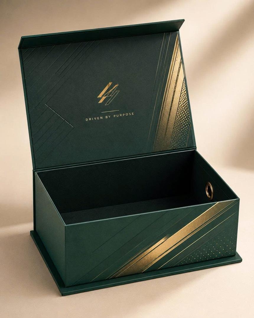 Hộp đựng giày nắp nam châm màu xanh rêu in logo thương hiệu HG003 Golden Box