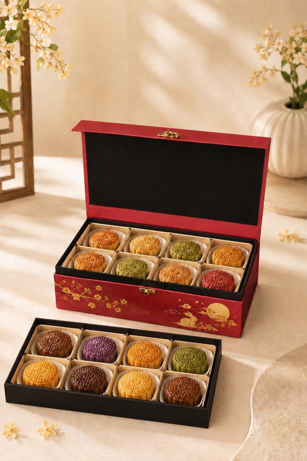 Hộp cứng 2 tầng có khóa kim loại, ép kim vàng, sản xuất hộp cứng cao cấp cho ngành bánh tại Golden Box