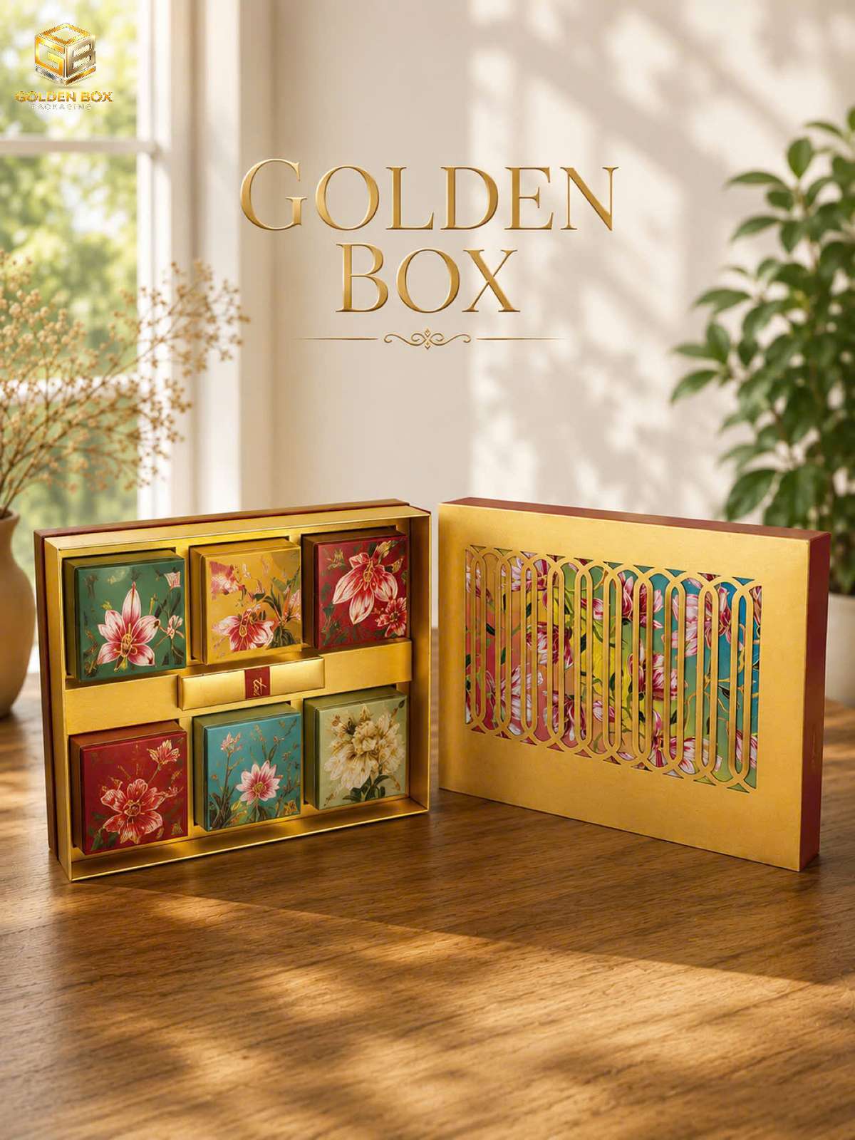Hộp cứng cao cấp dạng set quà tặng có ngăn, nắp khoét hoa văn, sản xuất tại Golden Box