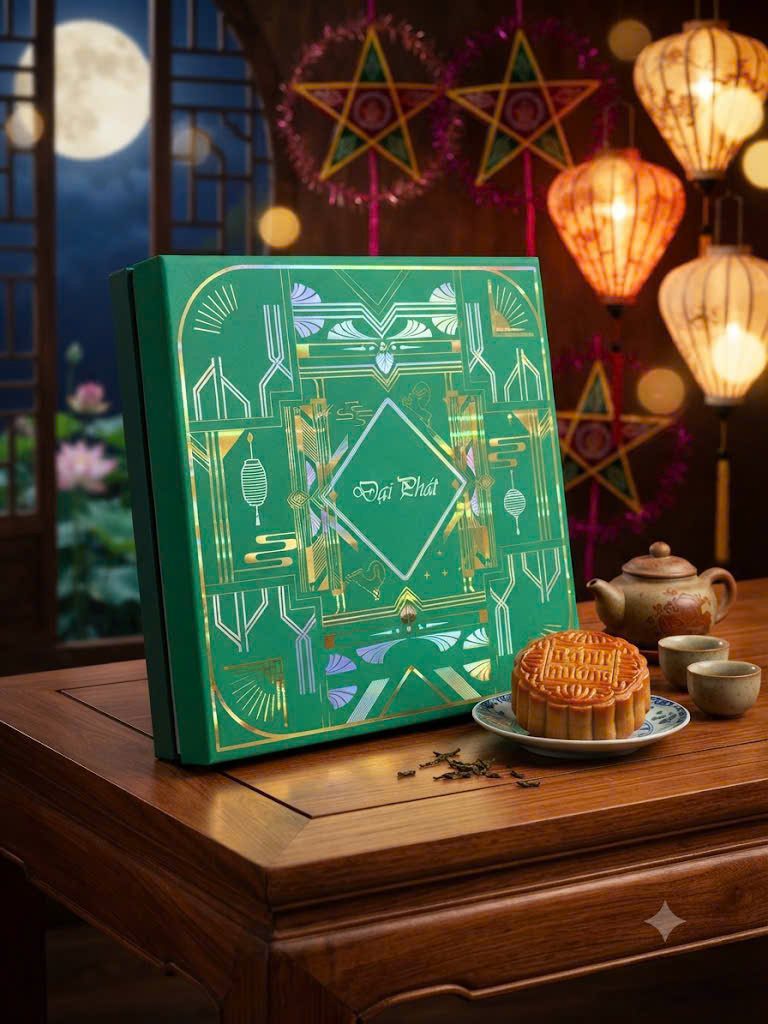 Hộp cứng ép kim vàng và hologram, thiết kế Art Deco, sản xuất cho thương hiệu Đại Phát tại Golden Box