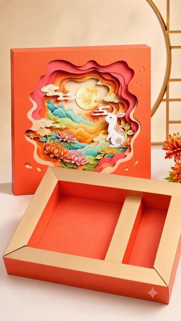 Hộp cứng nắp rời in họa tiết 3D nhiều lớp, sản xuất hộp cứng cho ngành bánh trung thu tại Golden Box