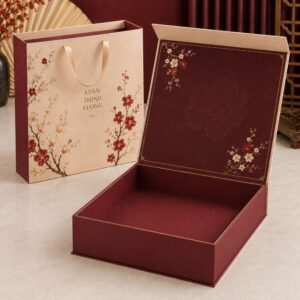 Xu hướng hộp quà Tết 2027 thiết kế tối giản tông trắng ngà và đỏ mận - Golden Box Packaging