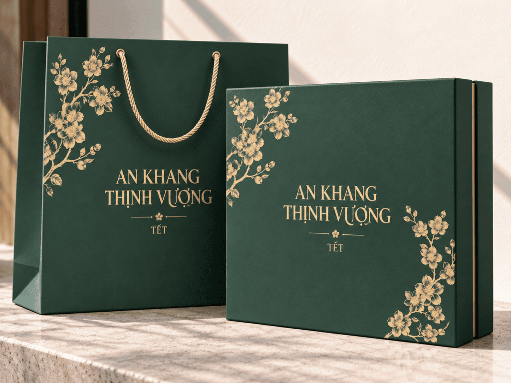 Hộp quà Tết An Khang Thịnh Vượng xanh rêu kèm túi giấy ép kim – Golden Box