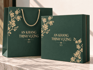 Hộp quà Tết An Khang Thịnh Vượng xanh rêu kèm túi giấy ép kim – Golden Box