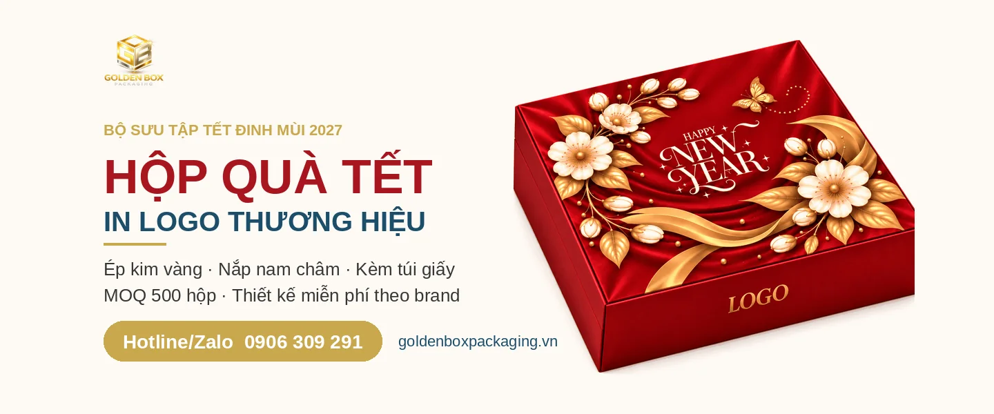 Hộp quà Tết 2027 Happy New Year đỏ ép kim vàng in logo thương hiệu – Golden Box Packaging