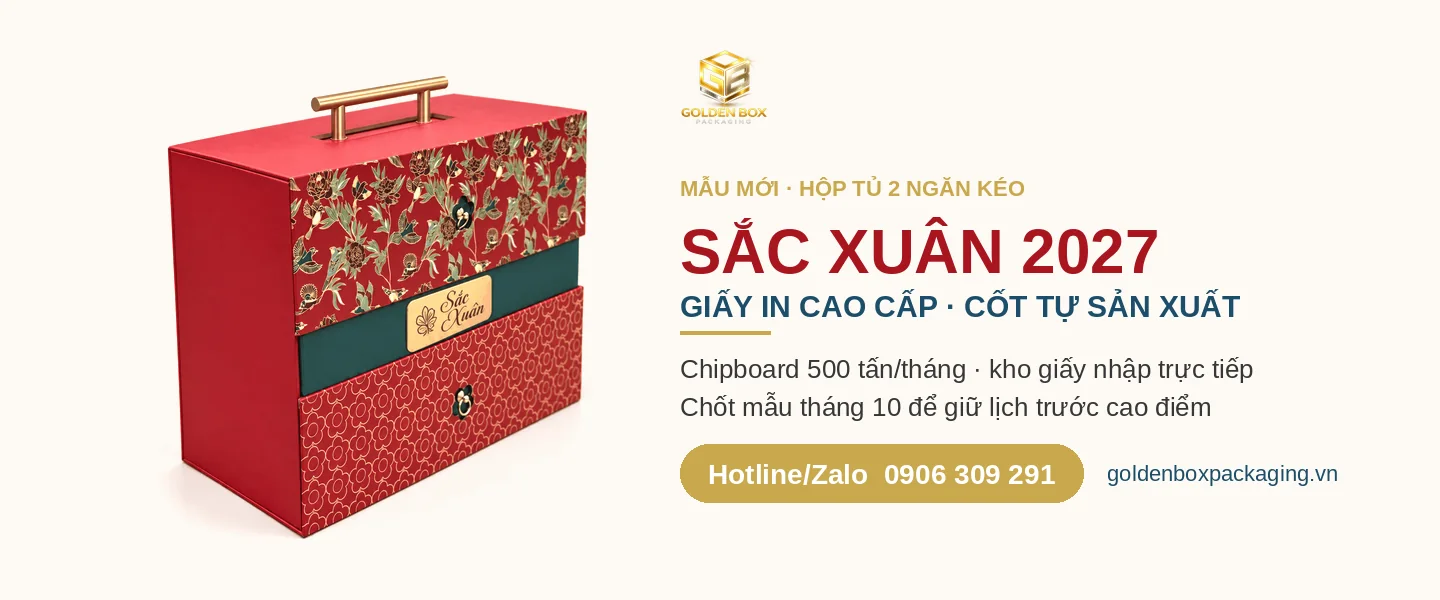 Hộp quà Tết Sắc Xuân tủ 2 ngăn kéo quai xách, giấy in cao cấp bồi chipboard tự sản xuất – Golden Box Packaging