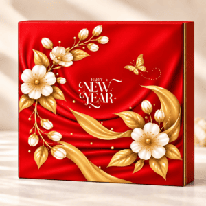 Hộp quà Tết Happy New Year đỏ in hoa trắng ép kim vàng – Golden Box (góc 4)