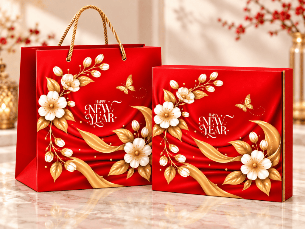 Bộ hộp quà Tết 2027 đỏ in hoa mai ép kim kèm túi giấy – Golden Box