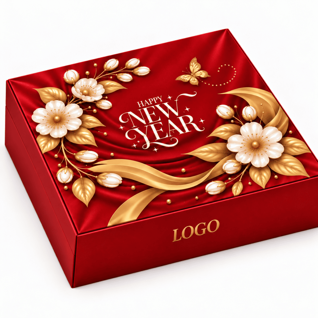 Hộp quà Tết Happy New Year đỏ hoa trắng ép kim vàng