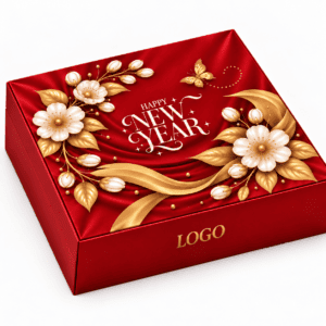 Hộp quà Tết Happy New Year đỏ in hoa trắng ép kim vàng – Golden Box (góc 3)