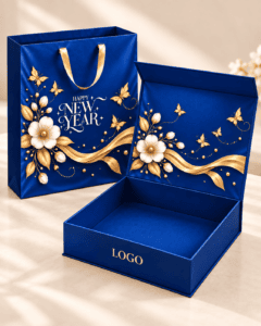Hộp quà Tết Happy New Year xanh navy in hoa ép kim vàng – Golden Box (góc 1)