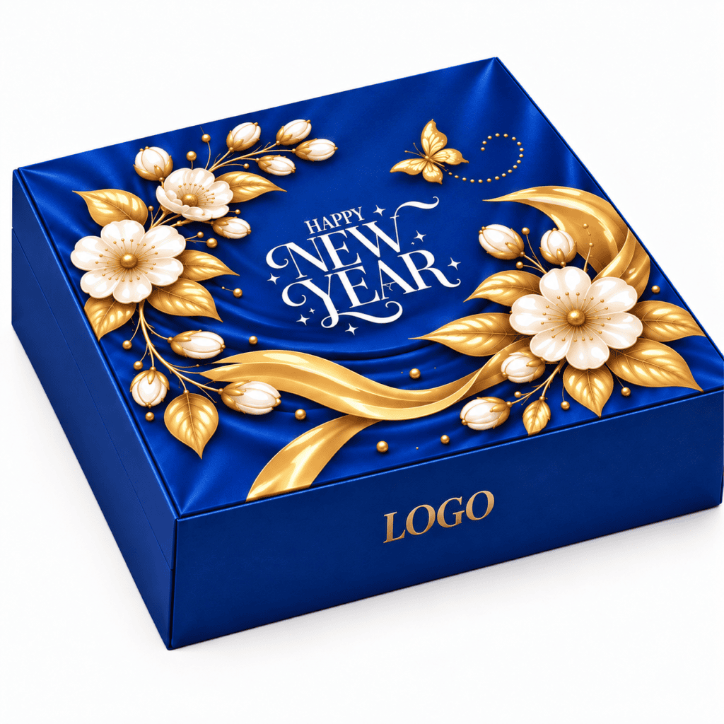 Hộp quà Tết Happy New Year xanh navy in hoa ép kim vàng – Golden Box (góc 3)