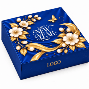 Hộp quà Tết Happy New Year xanh navy in hoa ép kim vàng – Golden Box (góc 3)