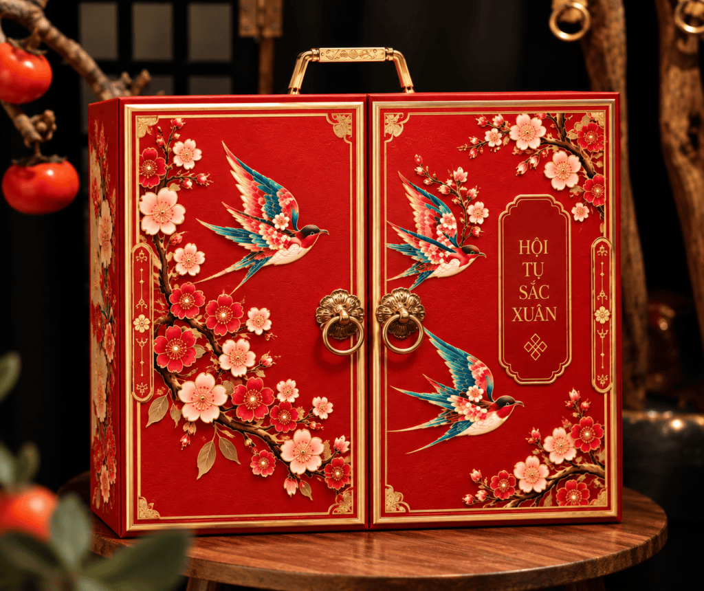 Hộp quà Tết hai cánh cửa đỏ họa tiết chim én hoa đào – Golden Box Packaging