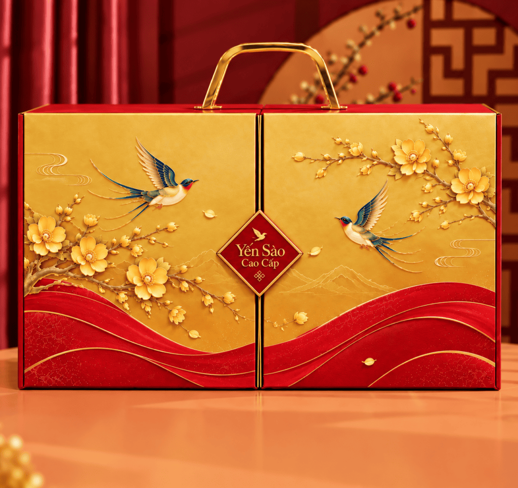 Hộp quà Tết hai cánh cửa họa tiết chim én hoa đào, kèm túi giấy – Golden Box (góc 4)