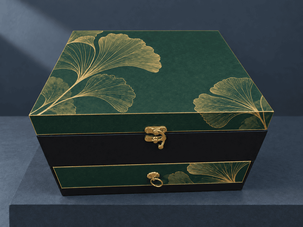 Hộp quà Tết ngăn kéo khóa đồng giấy mỹ thuật xanh rêu – Golden Box Packaging