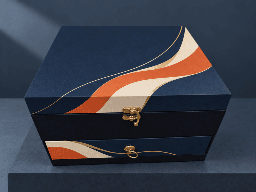 Hộp quà Tết ngăn kéo khóa đồng, giấy mỹ thuật xanh rêu và xanh navy – Golden Box (góc 2)