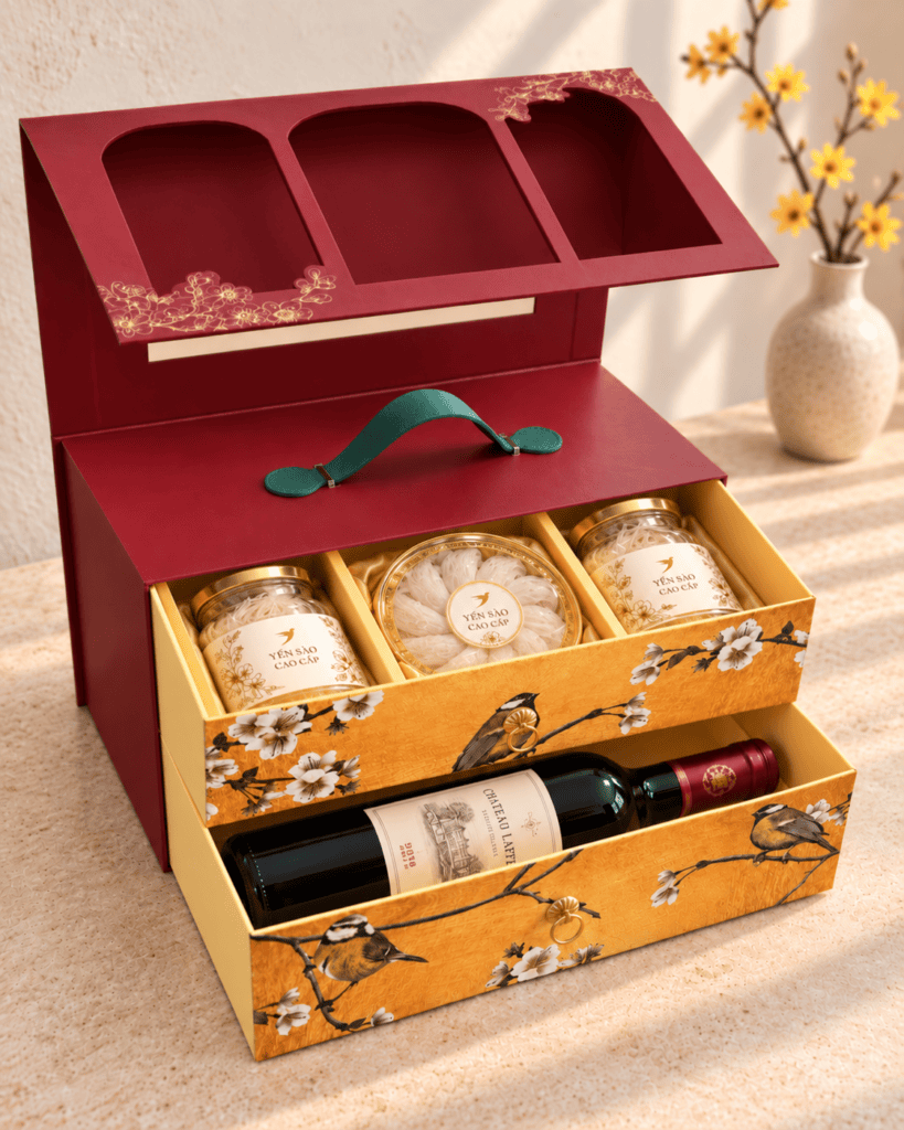 Hộp quà Tết quai xách 2 tầng đựng rượu vang và hũ yến – Golden Box Packaging