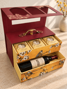 Hộp quà Tết quai xách 2 tầng ngăn kéo đựng rượu vang và hũ yến – Golden Box (góc 2)