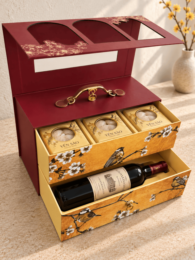 Hộp quà Tết quai xách 2 tầng ngăn kéo đựng rượu vang và hũ yến – Golden Box (góc 2)