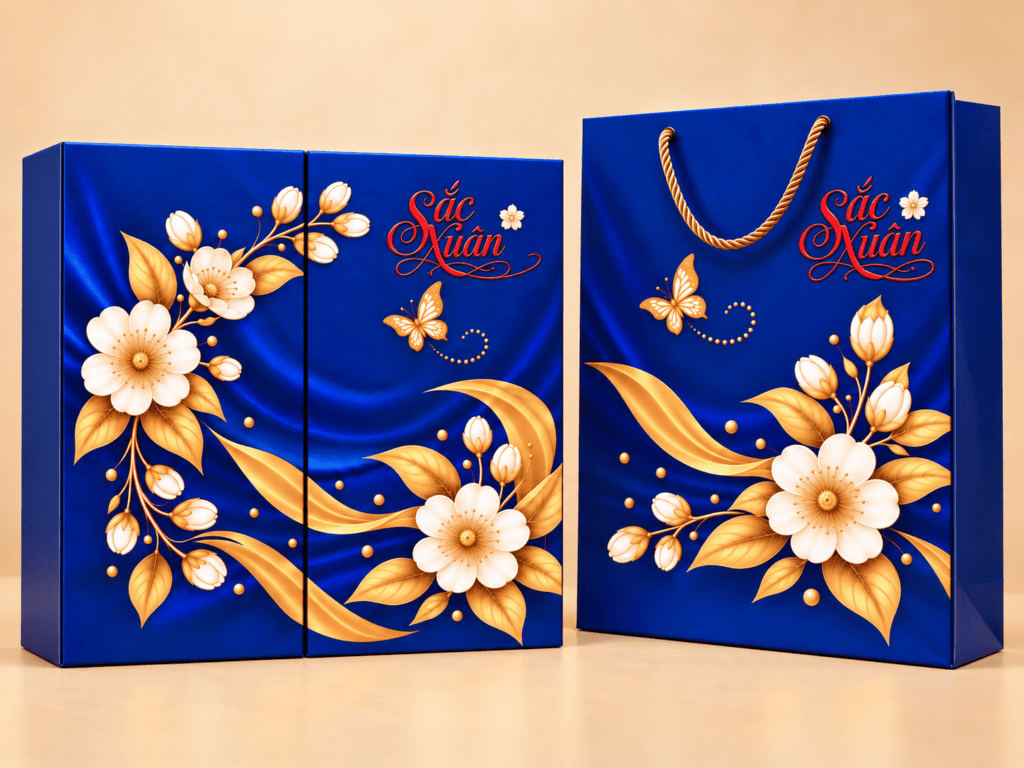 Hộp quà Tết Happy New Year xanh navy in hoa ép kim vàng – Golden Box (góc 5)