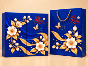 Hộp quà Tết Happy New Year xanh navy in hoa ép kim vàng – Golden Box (góc 5)