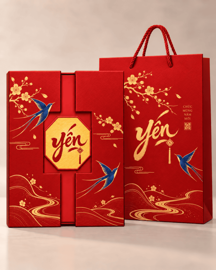 Hộp yến sào quà Tết hai cửa đỏ chim én ép kim