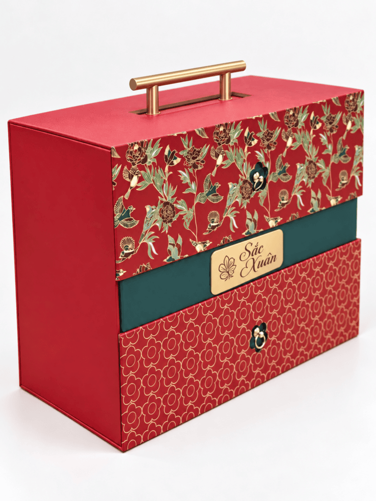 Hộp quà Tết Sắc Xuân dạng tủ 2 ngăn kéo quai xách đỏ phối xanh – Golden Box (góc 1)